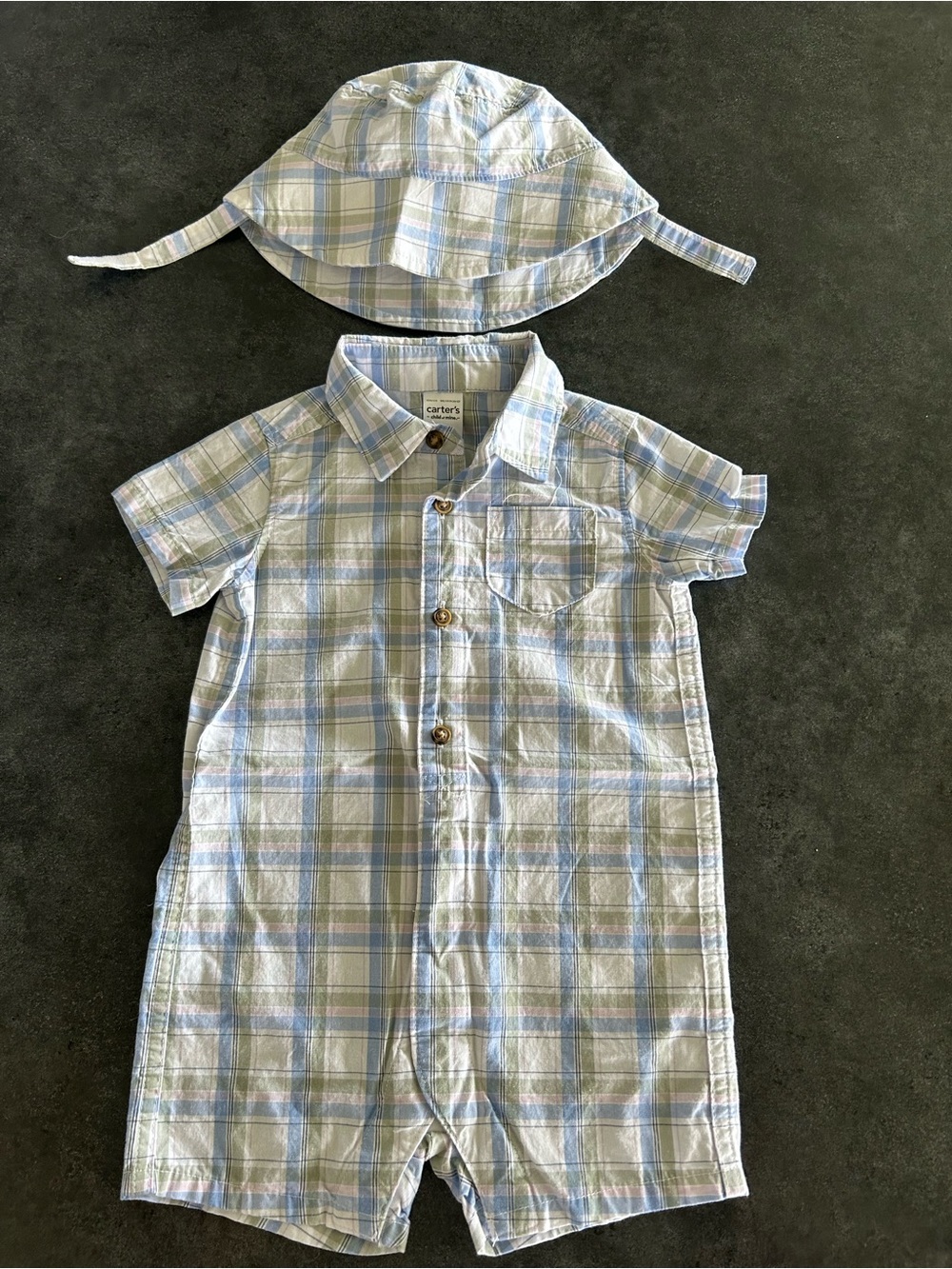 5/$25 Carter’s Boys Light Blue Plaid Shortall with Matching Bucket Hat